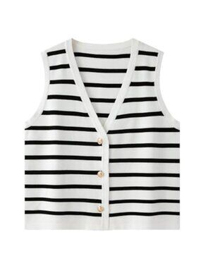 Women Striped Sleeveless Knit Sweater Vest Button Up Crop Tank Top